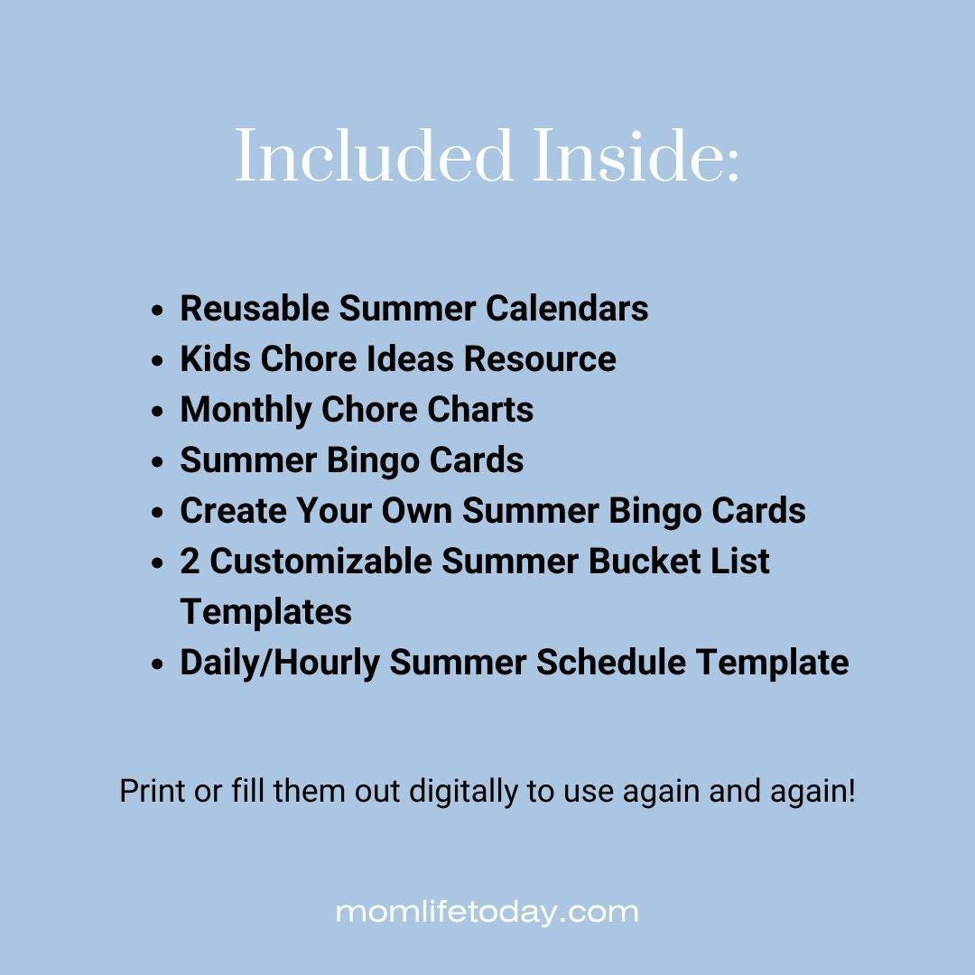 Summer Planner Bundle for Moms: Chore Chart, Bucket List, Calendar & More